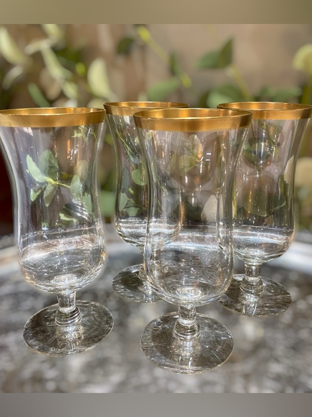 Vintage French Set 4 Goblets Gold Rim Neoclassical 50’s Elegant Glass Barware